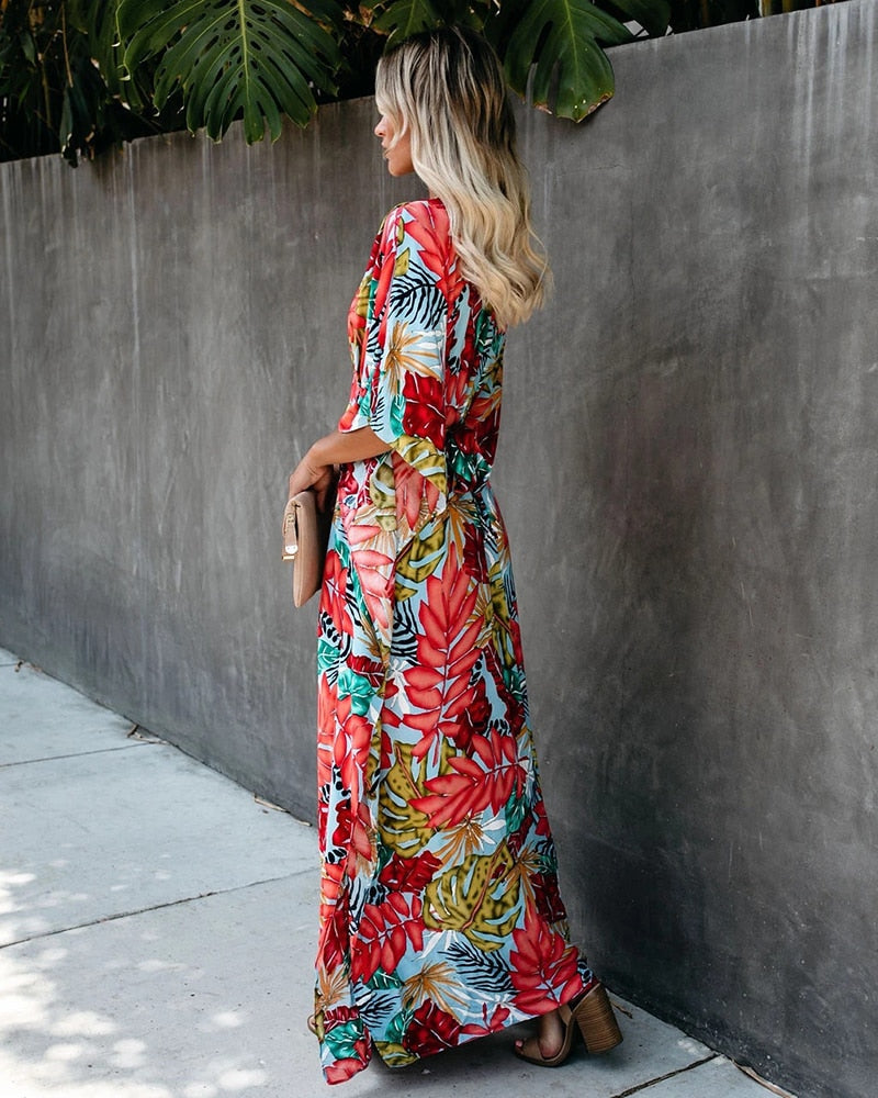 Boho Dress, Beach Kaftan Dress, Red Leaf