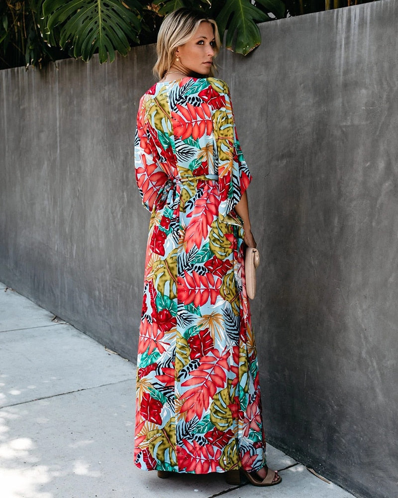 Boho Dress, Beach Kaftan Dress, Red Leaf