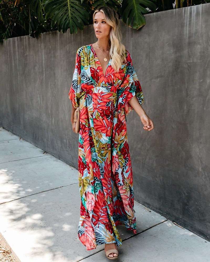 Boho Dress, Beach Kaftan Dress, Red Leaf