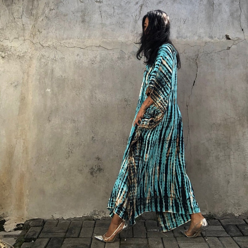 Beach Dress, Maxi Boho Dress, Kaftan Dress, Jose Tie Dye Print in Blue and White