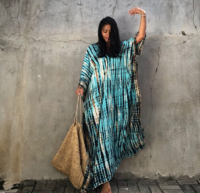 Beach Dress, Maxi Boho Dress, Kaftan Dress, Jose Tie Dye Print in Blue and White