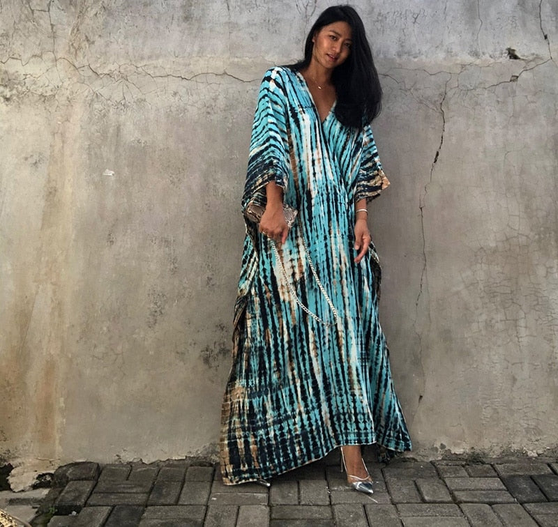 Beach Dress, Maxi Boho Dress, Kaftan Dress, Jose Tie Dye Print in Blue and White