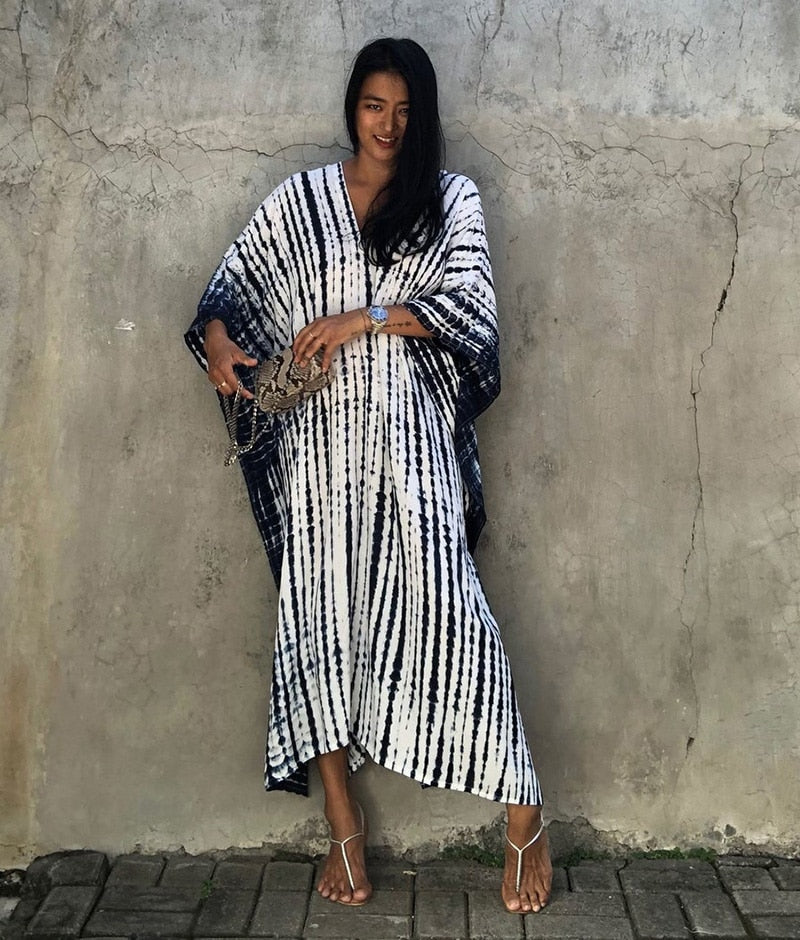 Beach Dress, Maxi Boho Dress, Kaftan Dress, Jose Tie Dye Print in Blue and White