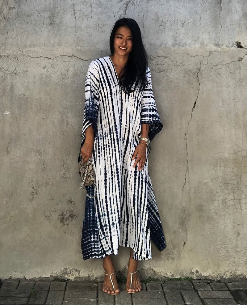 Beach Dress, Maxi Boho Dress, Kaftan Dress, Jose Tie Dye Print in Blue and White