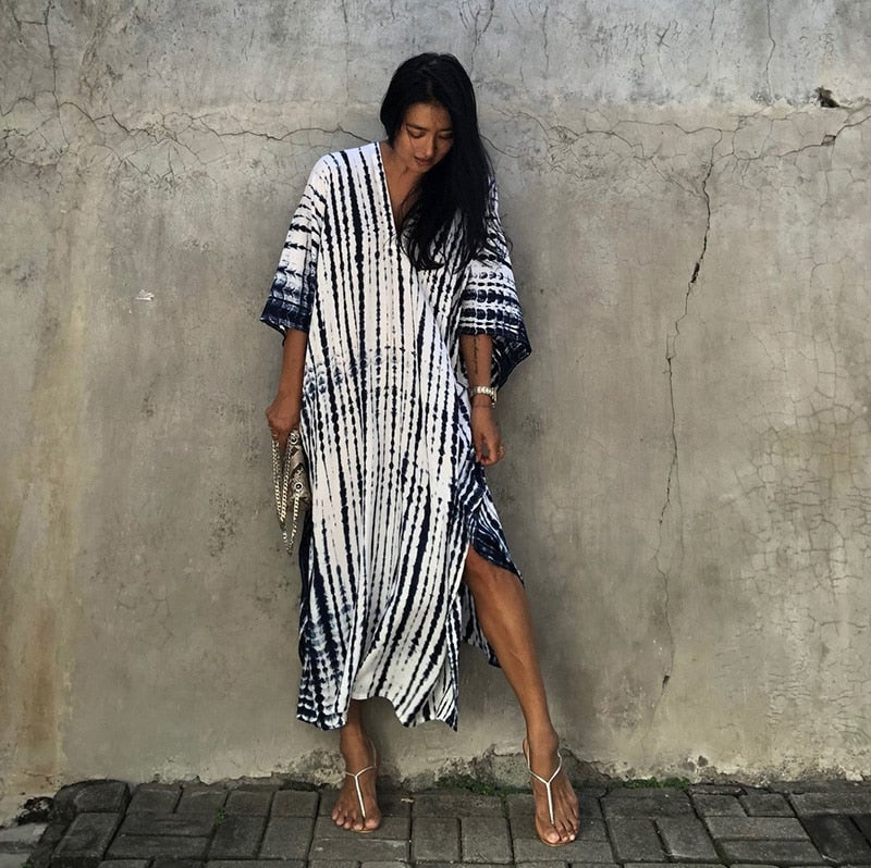 Beach Dress, Maxi Boho Dress, Kaftan Dress, Jose Tie Dye Print in Blue and White