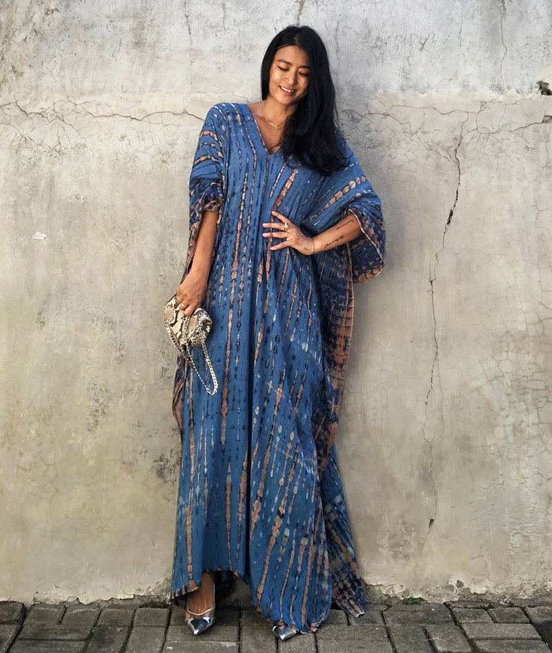Beach Dress, Maxi Boho Dress, Kaftan Dress, Jose Tie Dye Print in Blue and White