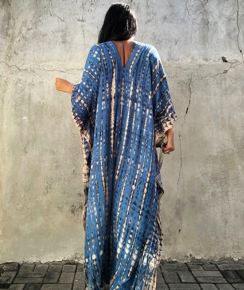 Beach Dress, Maxi Boho Dress, Kaftan Dress, Jose Tie Dye Print in Blue and White