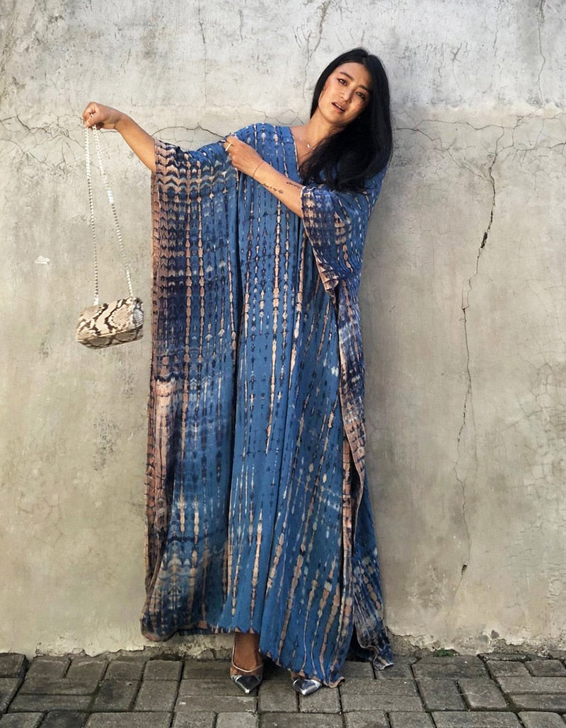 Beach Dress, Maxi Boho Dress, Kaftan Dress, Jose Tie Dye Print in Blue and White