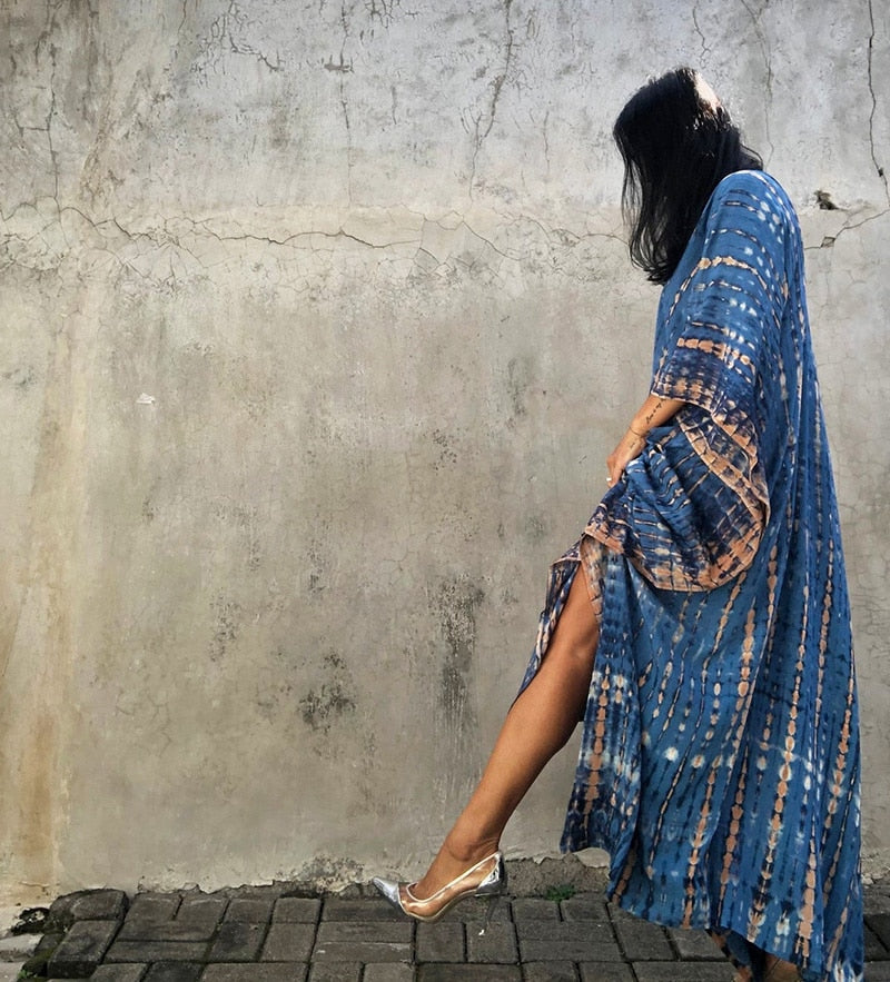 Beach Dress, Maxi Boho Dress, Kaftan Dress, Jose Tie Dye Print in Blue and White