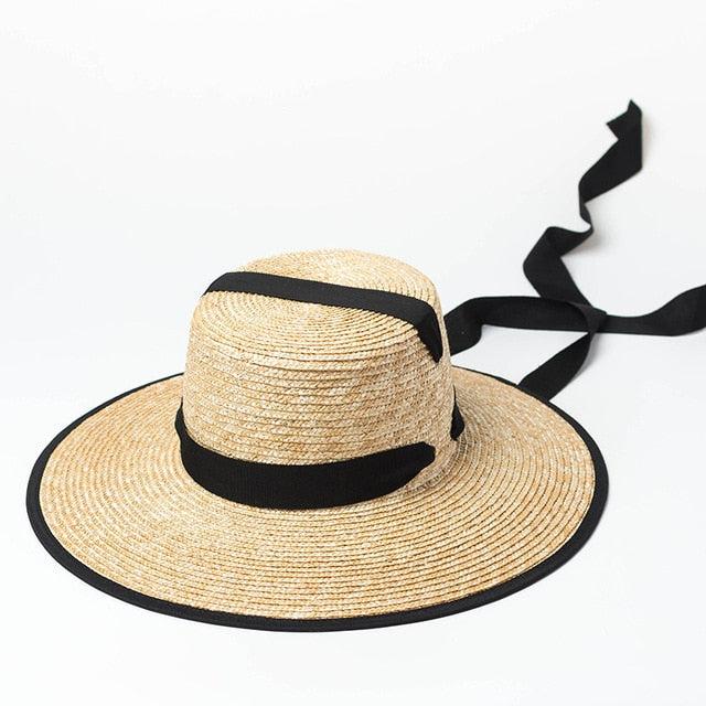 Boho Hat, Sun Hat, Beach Hat, Wide Brim Straw Hat 10 cm, Black Ribbon