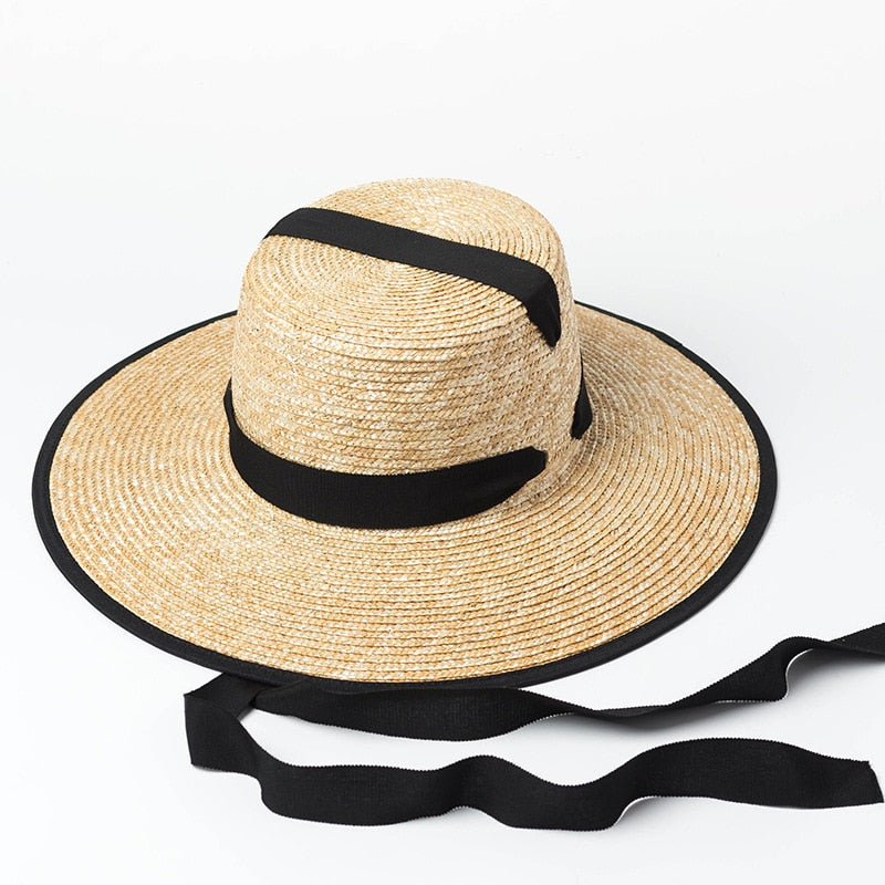 Boho Hat, Sun Hat, Beach Hat, Wide Brim Straw Hat 10 cm, Black Ribbon