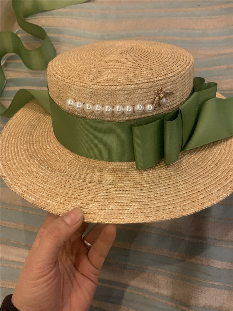 Boho Hat, Sun Hat, Beach Hat, Wide Brim Straw Hat,Green Ribbon