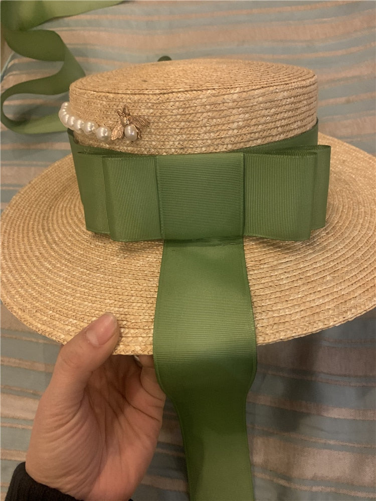Boho Hat, Sun Hat, Beach Hat, Wide Brim Straw Hat,Green Ribbon