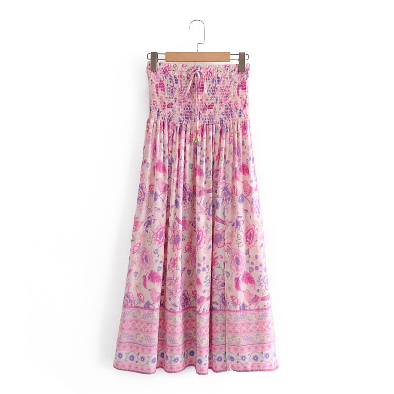 Boho Skirt, Hippie Skirts, Maxi Skirt, Smocked Waist, Bird Garden in Pink Purple