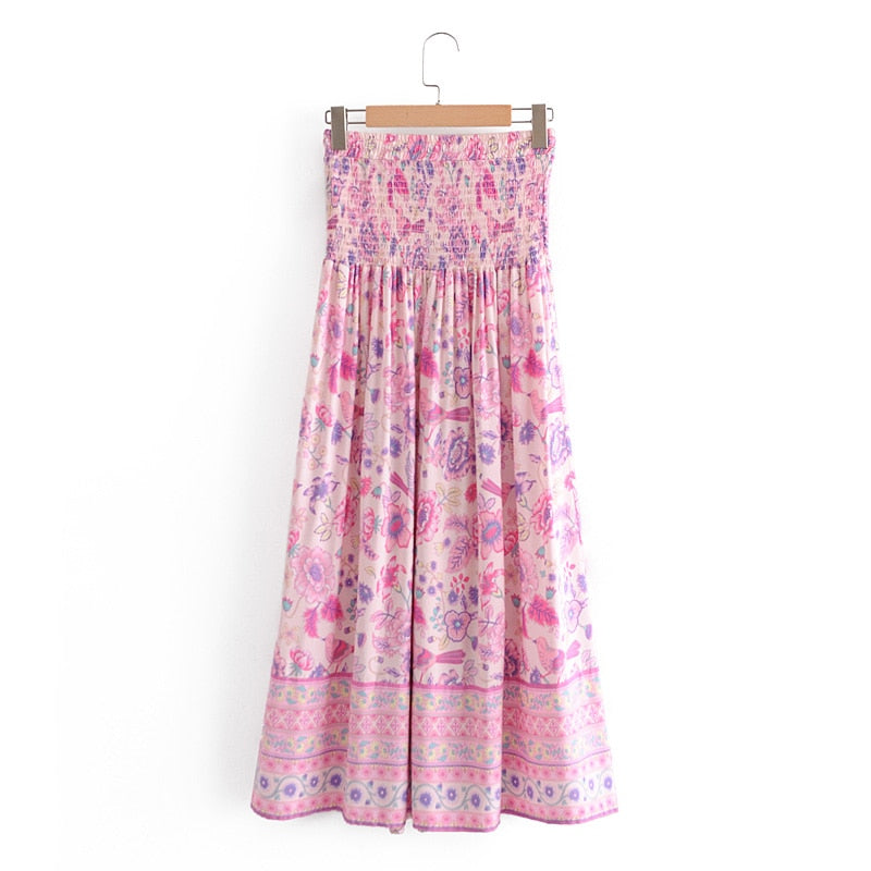 Boho Skirt, Hippie Skirts, Maxi Skirt, Smocked Waist, Bird Garden in Pink Purple