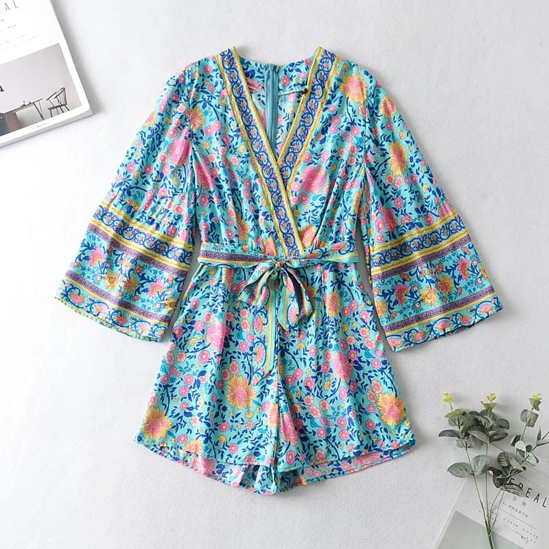 Boho Jumpsuit, Boho Romper, Playsuit, Blue Wild Flower
