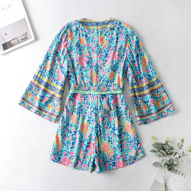 Boho Jumpsuit, Boho Romper, Playsuit, Blue Wild Flower