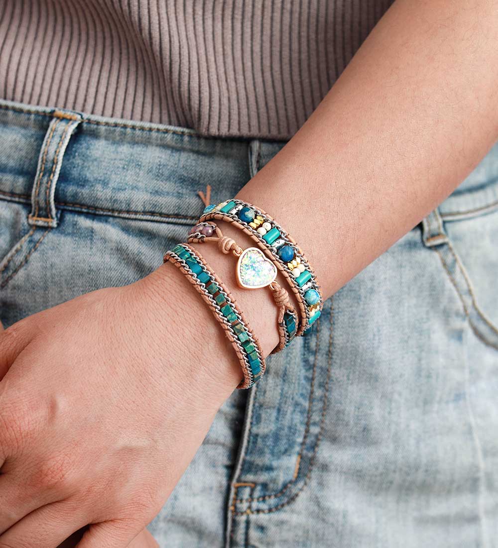 Boho Bracelet, 3 Layers Leather Wrap Bracelet, Jasper Agate Heart