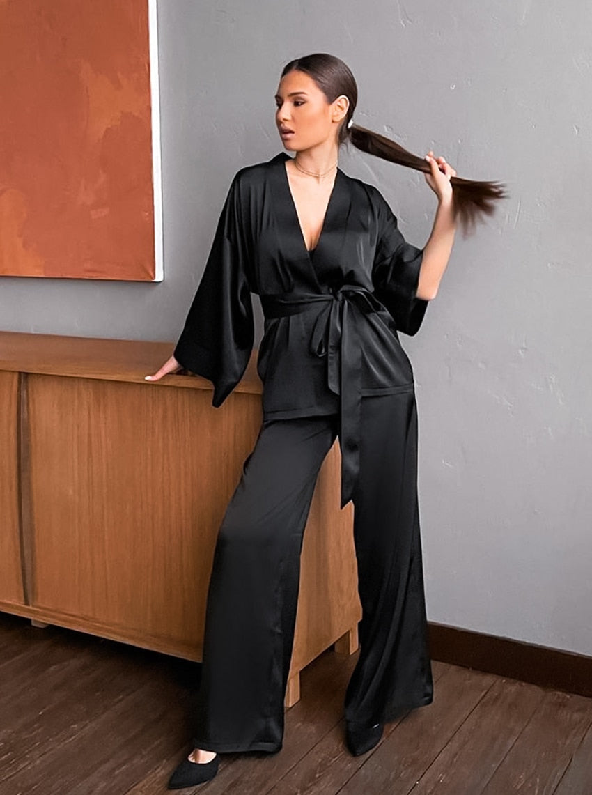 Boho Pajamas, Pajamas Sets for Women, PJ Satin Clementine in Black, Navy, Gray  and Red