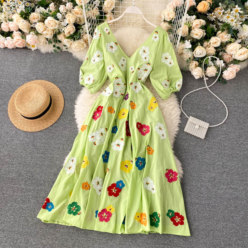 Boho Maxi Dress, Embroidered Dress, Vintage Green Garden