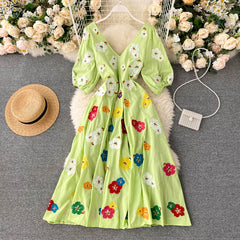 Boho Maxi Dress, Embroidered Dress, Vintage Green Garden