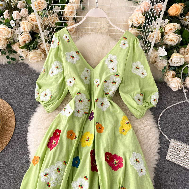 Boho Maxi Dress, Embroidered Dress, Vintage Green Garden