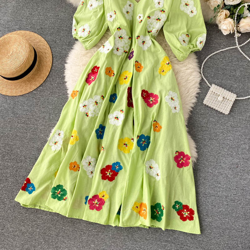 Boho Maxi Dress, Embroidered Dress, Vintage Green Garden