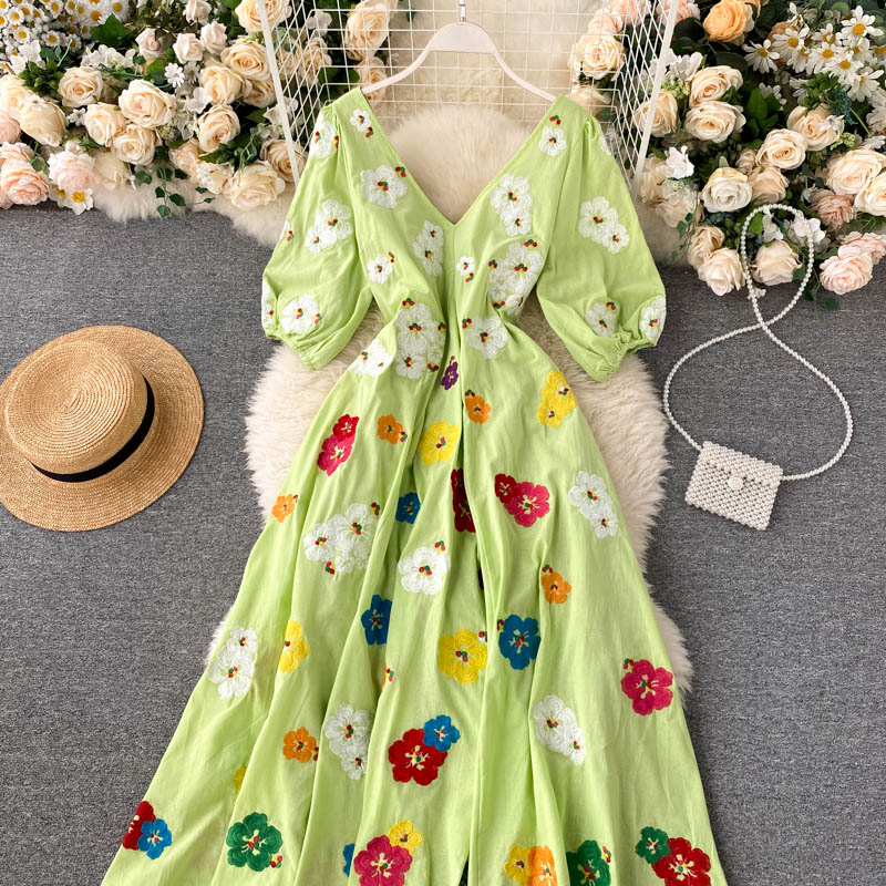 Boho Maxi Dress, Embroidered Dress, Vintage Green Garden