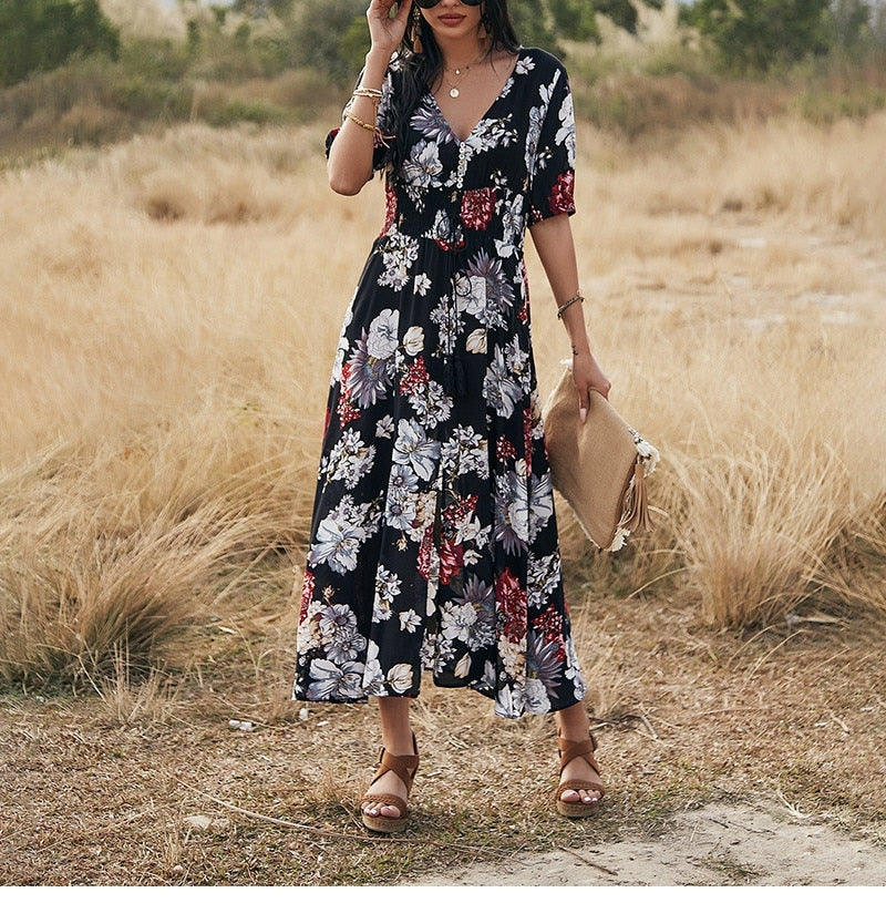 Boho Midi Dress, Sundress, Canna in Black