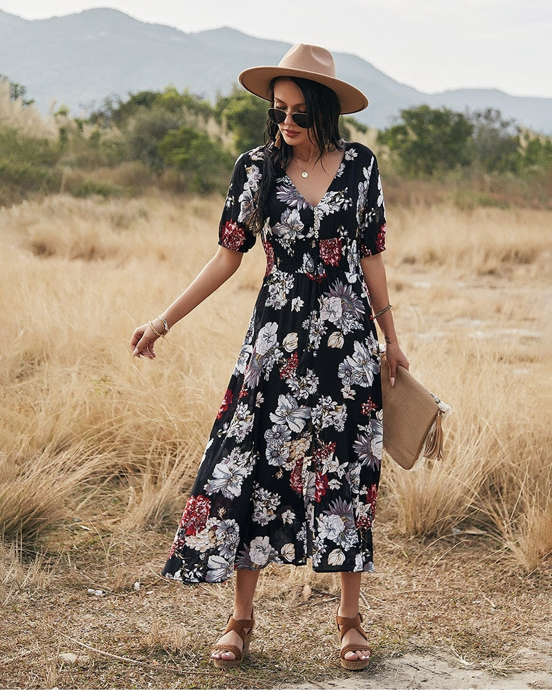 Boho Midi Dress, Sundress, Canna in Black