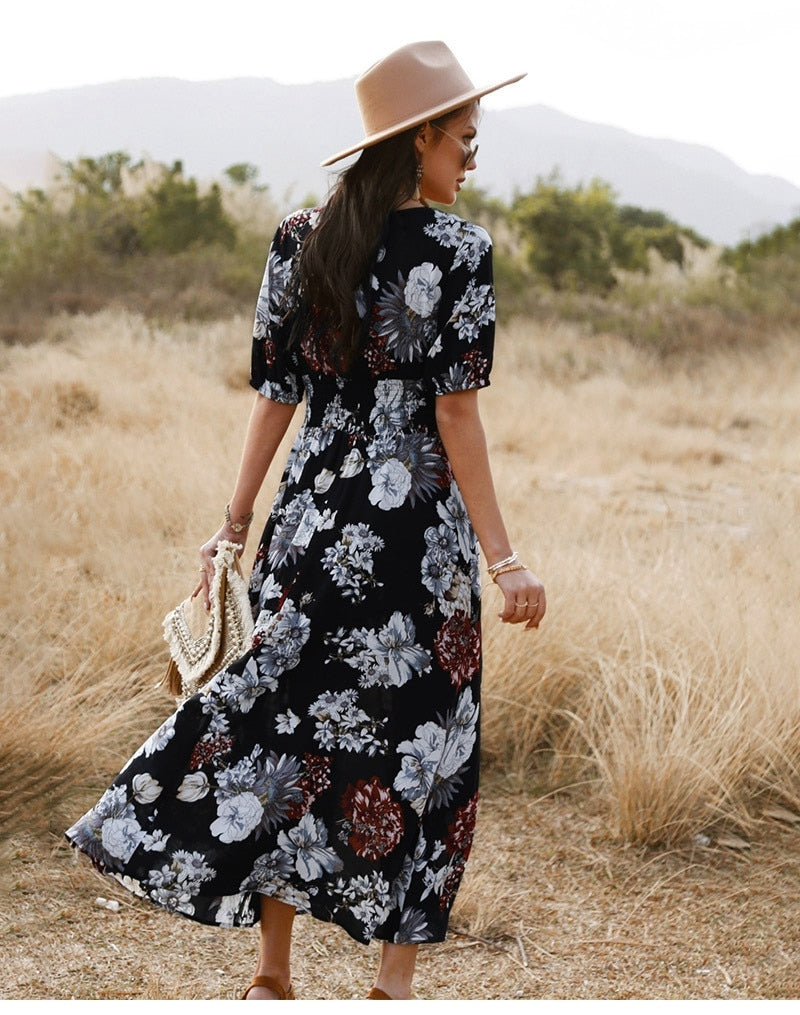 Boho Midi Dress, Sundress, Canna in Black