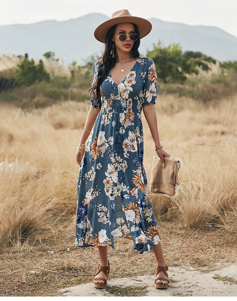 Boho Midi Dress, Sundress, Canna in Blue