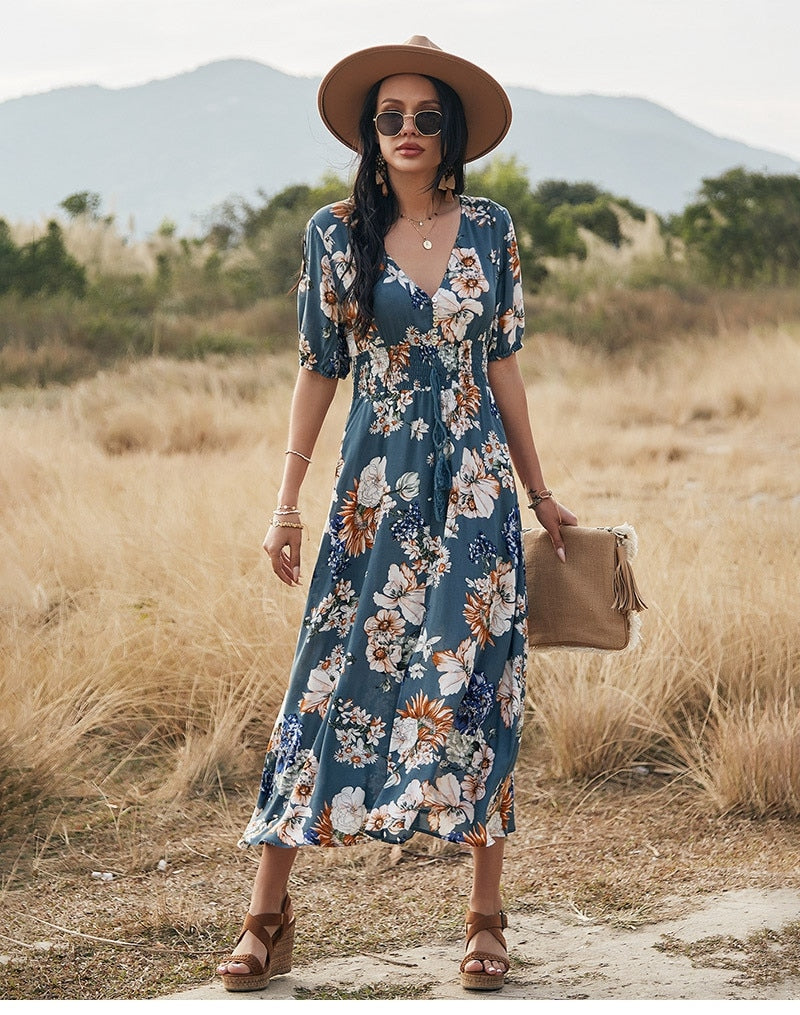Boho Midi Dress, Sundress, Canna in Blue