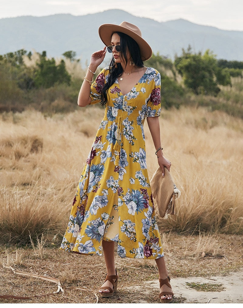 Boho Midi Dress, Sundress, Canna in Yellow