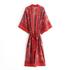 Boho Robe, Kimono Robe,  Beach Cover up, Red Peony Bird