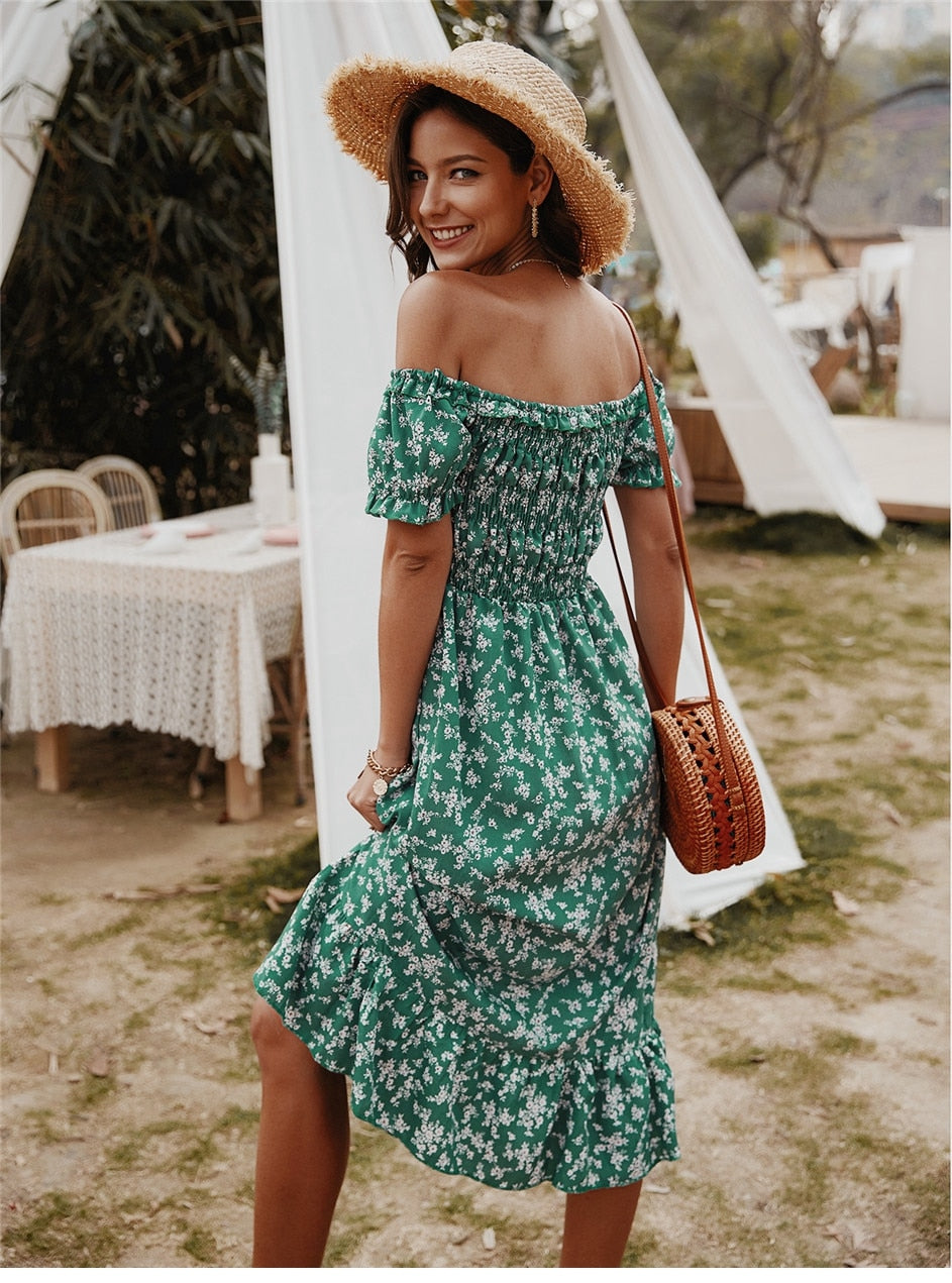 Boho Midi Dress,  Off Shoulder Sundress, Nicole in Green