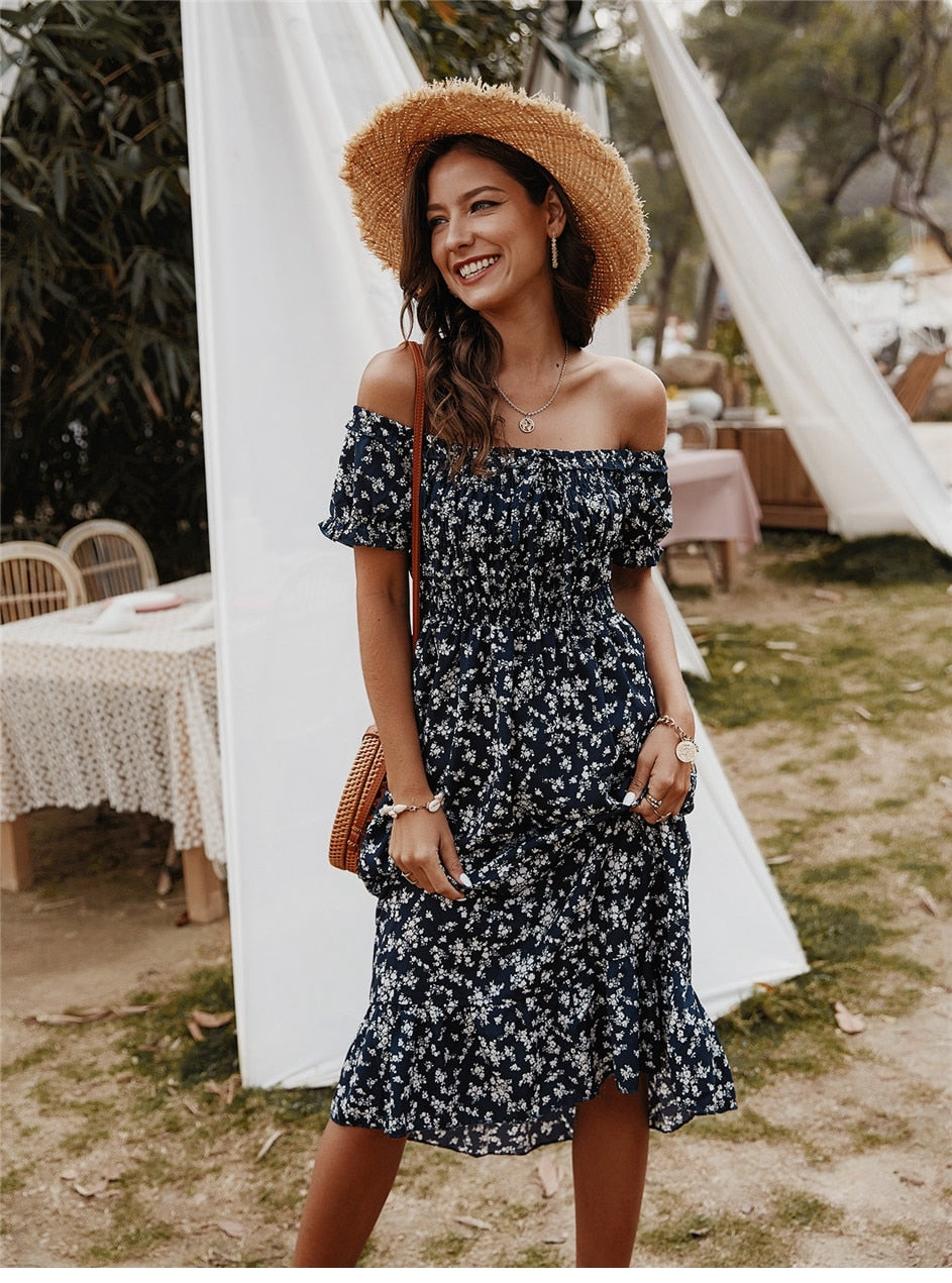 Boho Midi Dress,  Off Shoulder Sundress, Nicole in Navy Blue