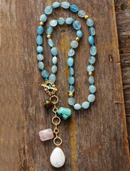 Boho Necklace, Mala Necklace,Blue Aquamarine, Rose Charm, Elegant Lariat