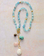 Boho Necklace, Mala Necklace,Blue Aquamarine, Rose Charm, Elegant Lariat