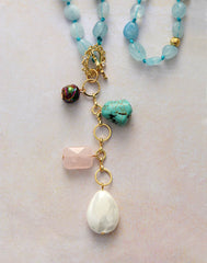 Boho Necklace, Mala Necklace,Blue Aquamarine, Rose Charm, Elegant Lariat
