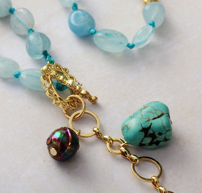 Boho Necklace, Mala Necklace,Blue Aquamarine, Rose Charm, Elegant Lariat