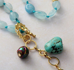 Boho Necklace, Mala Necklace,Blue Aquamarine, Rose Charm, Elegant Lariat
