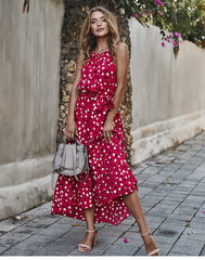 Boho Midi Dress, Strappy Sundress, Polka Dot in Red