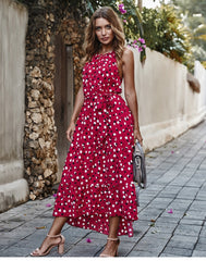 Boho Midi Dress, Strappy Sundress, Polka Dot in Red