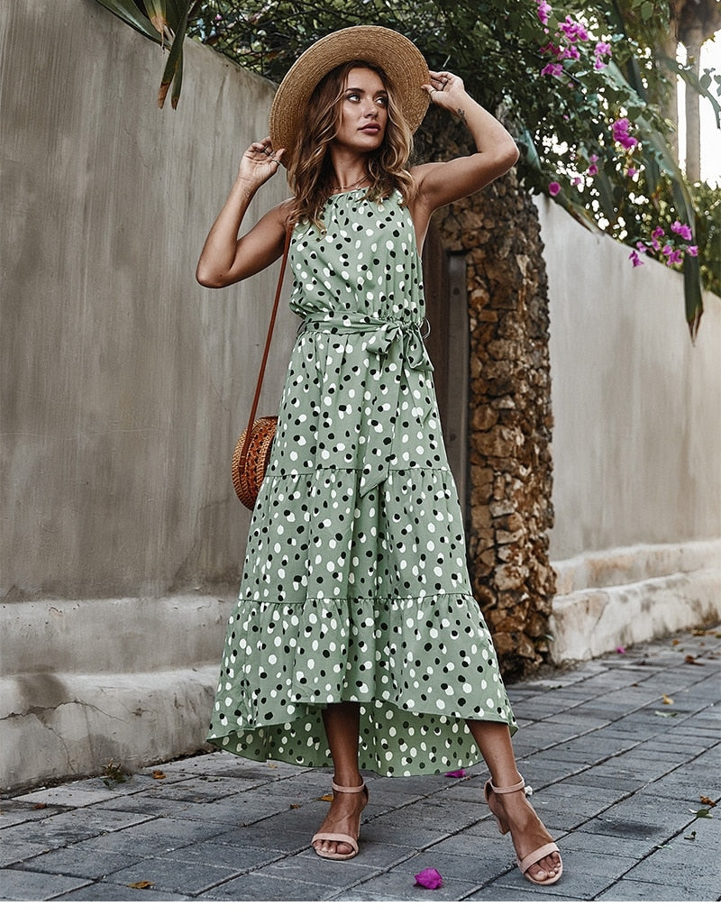 Boho Midi Dress, Strappy Sundress, Polka Dot in Green