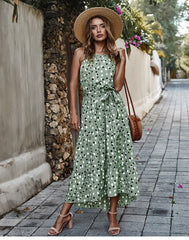 Boho Midi Dress, Strappy Sundress, Polka Dot in Green
