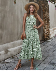 Boho Midi Dress, Strappy Sundress, Polka Dot in Green