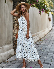 Boho Midi Dress, Strappy Sundress, Polka Dot in White