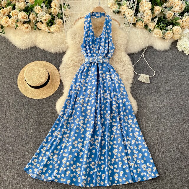 Vintage Dress, Boho Maxi Dress, Halter Neck Drees, Yellow Blue Daisy