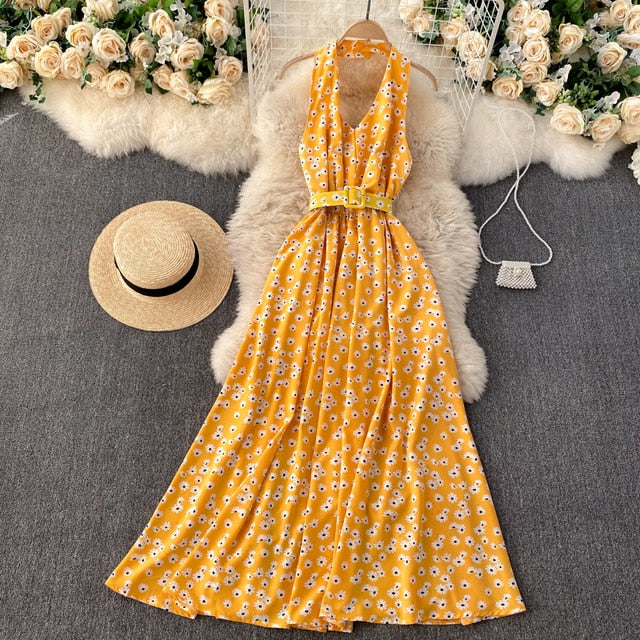 Vintage Dress, Boho Maxi Dress, Halter Neck Drees, Yellow Blue Daisy